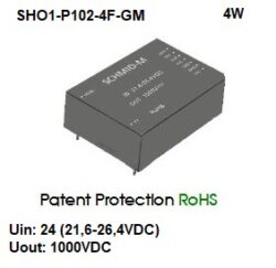 SHO1-P102-4F-GM Hight Voltage DC/DC converter - Schmid-M SHO1-P102-4F-GM Hight Voltage DC/DC converter, 4W, Uin: 24VDC (21,6~26,4) , Uout: 1000VDC, DIP