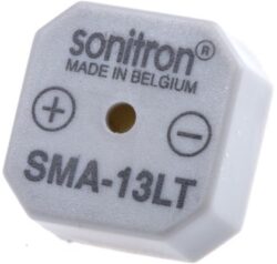 SMA-13LV-P7.5 - Sonitron: Piezo bzuk 2-4VDC 3,35kHz 80dB 14x14x6,5mm, Low voltage, Pin distance=7,5mm