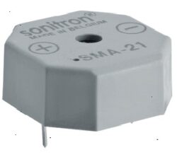 SMA-21LV-P15 - Sonitron: Buzzer 2-6VDC 3,0kHz 87dB 21x21x9,5mm, Low voltage, Pin distance=15mm
